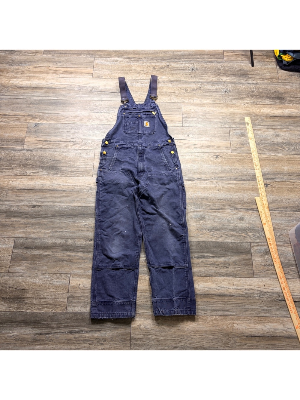 90’s Carhartt Navy faded double knee overalls, stains throughout, size 34x32